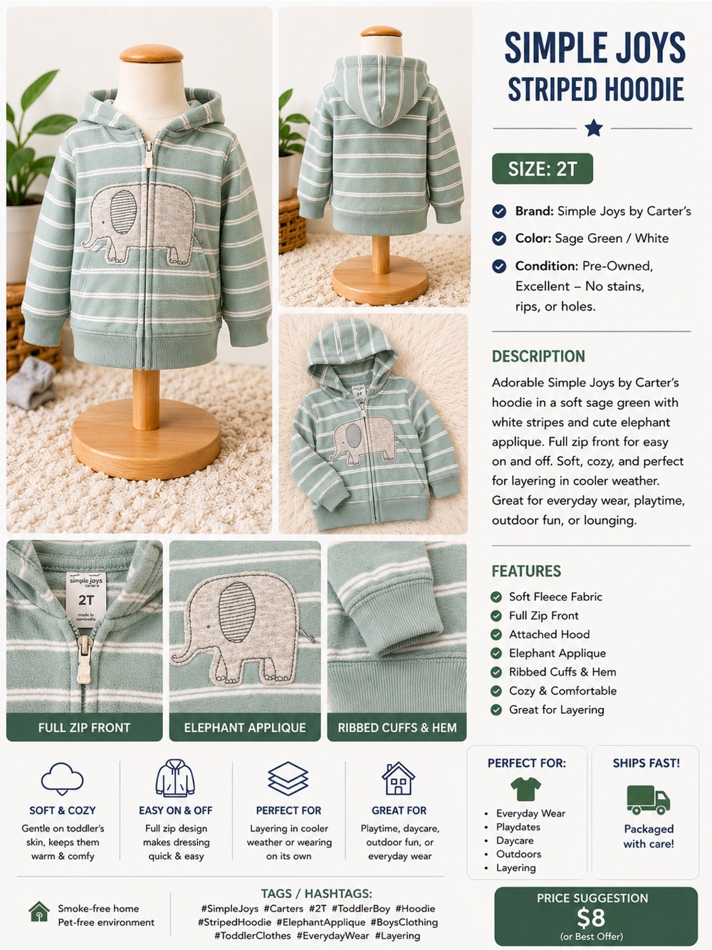 Sage Green Striped Hooded Puffer for Kids